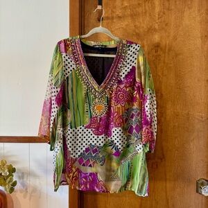 Silk Threads 2000s Bohemian Beaded Multicolor V-Neck Women's Top Sheer XL